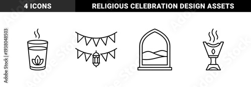 Ramadan and Islamic cultural celebration elements featuring traditional hanging bunting, lantern, herbal tea, prayer window, and incense burner in monoline style.