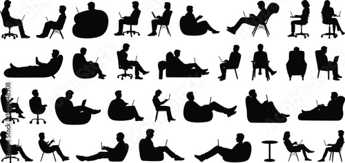 Silhouettes of people sitting in chairs using laptops, diverse postures, remote work, ergonomic setups, casual workspace, office, technology, productivity