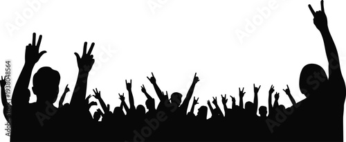 Silhouette of cheering concert crowd with raised hands, peace signs, rock gestures, music festival energy, celebration, unity, excitement, performance