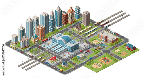Isometric city illustration with skyscrapers and transportation.