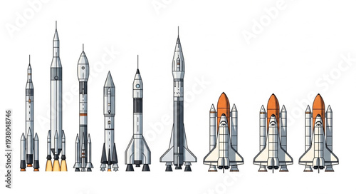 Collection of various rockets and space shuttles lined up.
