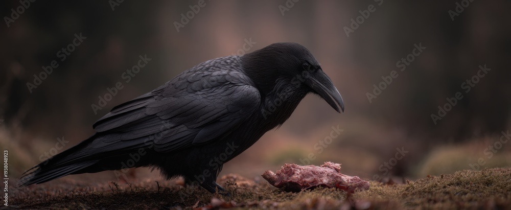 Naklejka premium The raven dances with death as it feeds on carrion ground feast.