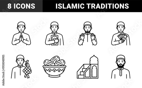 Islamic religious observance and Ramadan traditions featuring Muslim men in prayer, zakat charity, dates, and mosque architecture in monoline style.