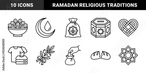 Islamic charity and Ramadan traditions monoline pictograms featuring zakat boxes, dates, crescent moon, and donation elements for religious festivals.