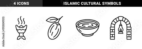 Ramadan cultural traditions and Islamic religious symbols in bold monoline style. Minimalist linear graphics featuring incense burner, date fruit, mosque arch, and soup bowl.