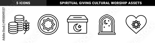 Islamic charitable giving and religious observance elements featuring zakat box, crescent moon, prayer beads, and mosque window in monoline style.
