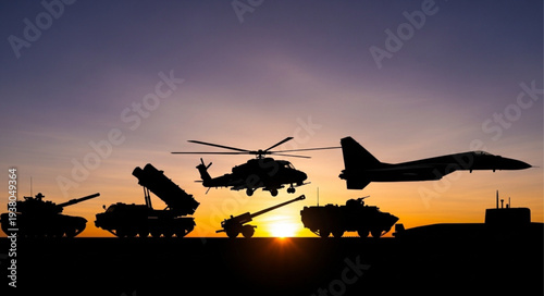 Military vehicles and aircraft silhouettes at sunset.