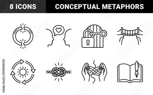 Human connection and problem solving metaphors for psychology and business. Monolinear black and white pictograms featuring communication, security, and growth concepts.