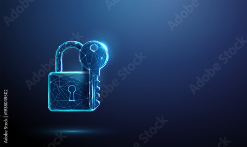 3d blue padlock with digital key Secure access solution, authentication verification, identity protection, cybersecurity management, access control assessment concept.