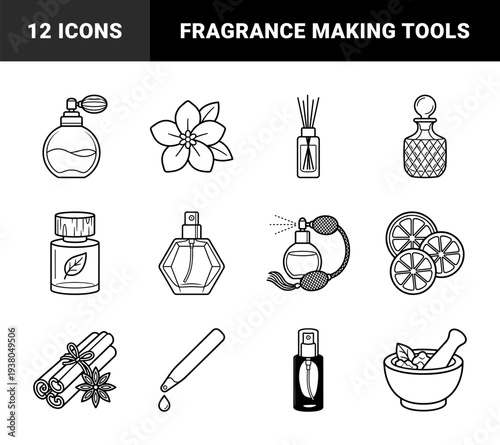 Fragrance formulation and aromatherapy essence elements. Monolinear black and white pictograms featuring perfume bottles, botanical extracts, and distillation tools.