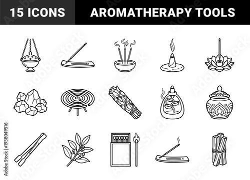 Aromatherapy and spiritual cleansing tools featuring incense sticks, sage smudge bundles, and palo santo. Clean monoline aesthetic for wellness branding and holistic health content.