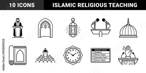 Islamic religious sermon and community prayer elements for mosque educational materials. Technical monoline pictograms featuring khutbah, minbar, and ramadan cultural symbols.