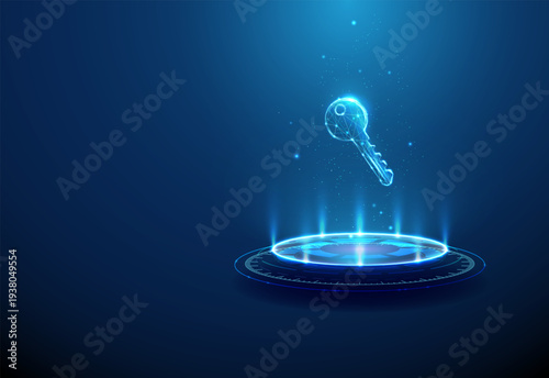3d digital key hovering above futuristic podium. Secure access technology showcase, digital authentication solution, encrypted entry system, cybersecurity innovation concept.