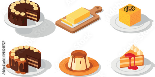 Isometric dessert collection featuring chocolate cake banana cake pudding cheesecake and butter block vector illustration isolated on light background