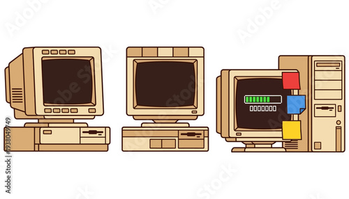 A row of three vintage desktop computers in beige tones featuring CRT monitors and tower units with one screen displaying a loading bar and colorful sticky notes attached