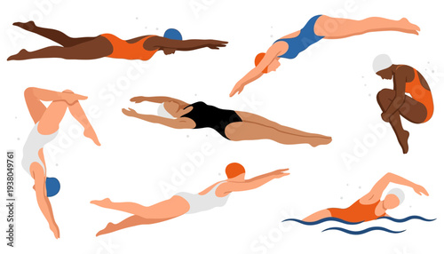 Diverse group of swimmers depicted in various competitive swimming strokes and poses showcasing athletic movement and water sport activity competition athleticism diversity