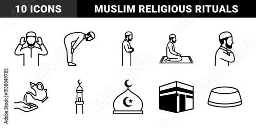 Islamic religious practice and prayer ritual elements. Minimalist monoline pictograms featuring salah positions, mosque architecture, and spiritual symbols.