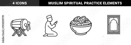 Ramadan spiritual traditions and Islamic cultural symbols in monoline art. Minimalist line drawing featuring bedug drum, praying man, dates, and prayer rug.