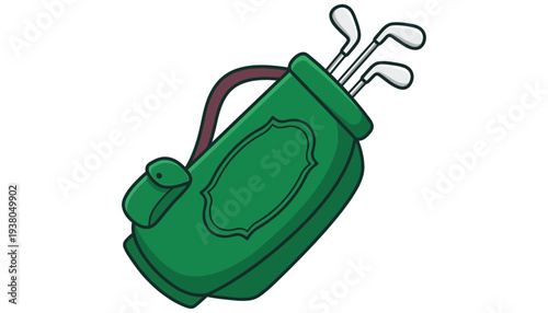 A green golf bag with clubs peaking out from the top featuring a maroon handle and a decorative embossed panel on its side sport equipment game leisure outdoor hobby recreation