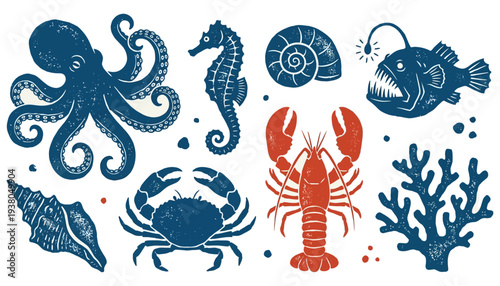 A collection of blue and red marine life illustrations including octopus seahorse crab lobster anglerfish seashells and coral in a linocut style ocean underwater conch ocean creatures