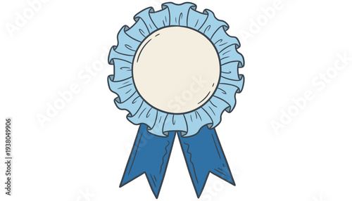 A hand drawn illustration of a light blue ruffled award ribbon with blue ribbons hanging down and a blank circular center for text prize rosette winner competition achievement