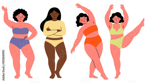 Four diverse women with varying body types in colorful swimwear showcase different poses emphasizing body positivity and confidence body positive diversity empowerment self love