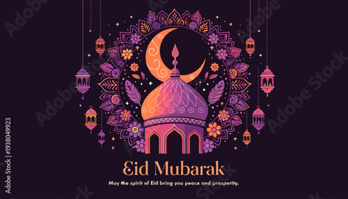 Vibrant Eid Mubarak celebration with mosque and crescent moon