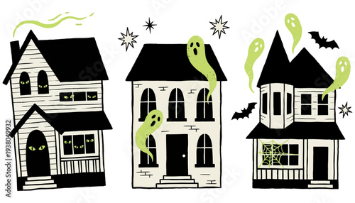 Three whimsical cartoon houses with spooky glowing eyes and green ghosts floating around accompanied by bats and stars Halloween haunted house creepy eerie night illustration