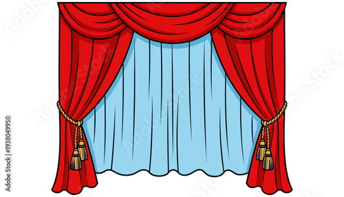 Open red stage curtains with blue drapery behind them adorned with gold rope ties and tassels red curtains theatre performance show opera drama entertainment backstage interior