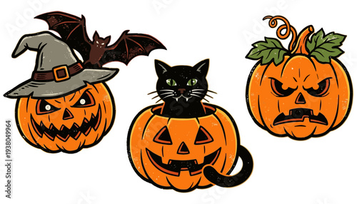 Three carved pumpkins with spooky faces one wearing a witch hat with a bat another holding a black cat halloween jack o lantern scary autumn fall decoration holiday october