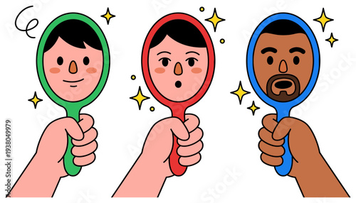 Three diverse hands hold up colorful mirrors reflecting cartoon faces with different expressions and hairstyles surrounded by sparkles 177 characters reflection looking glass
