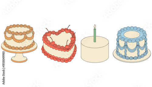 Four distinct cakes are displayed in a row a round tiered cake with orange frosting a heart shaped cake with red frosting and cherries a plain round cake with a single green candle and a