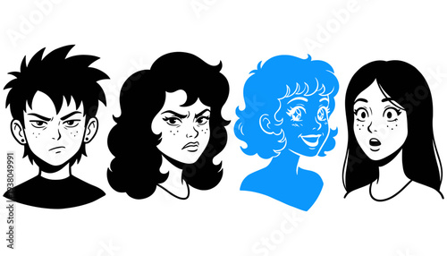 Four cartoon characters two males and two females displayed from the shoulders up with varied expressions and styles Close up of faces showing different emotions illustration