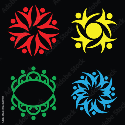 Set of Four Colorful Abstract People Logos Representing Teamwork and Community