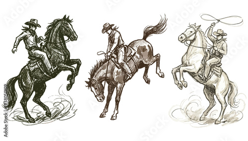 Three cowboys on horseback one with a lasso in a dynamic rodeo scene sketched with expressive lines and muted tones for a western feel rider bucking ranch silhouette action