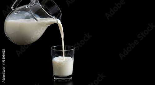 A clear glass pitcher pouring white fresh dairy milk into a small drinking glass against a stark black backdrop creating high contrast, smooth, splash, motion