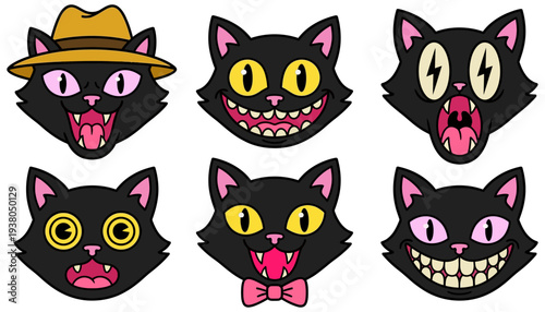 Collection of six cartoon black cat faces with varied expressions and accessories like a hat and bow tie rendered in a stylized graphic art style with bold outlines and vibrant colors