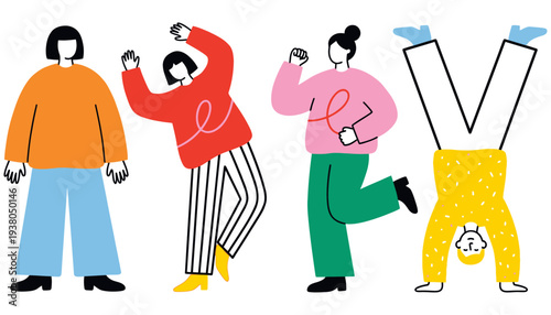 Four stylized flat figures in various colorful poses and clothing with one person doing a handstand conveying a sense of playful movement people dancing fun energy abstract