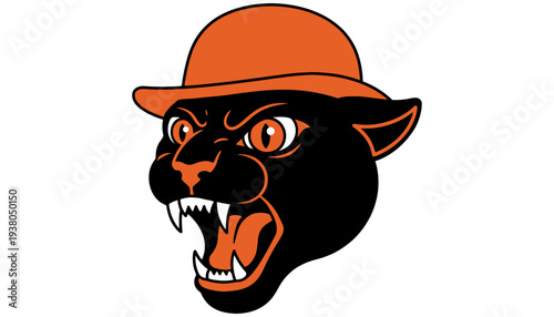 Ferocious black panther head wearing an orange bowler hat with open mouth and sharp teeth depicted in a graphic style animal cat feline big cat wild animal mammal predator