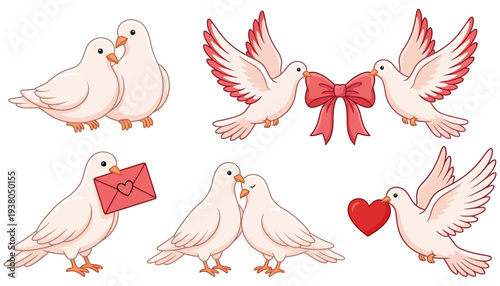 A collection of six charming white doves depicted in various romantic poses some carrying hearts letters and bows representing love and affection romance relationship couple