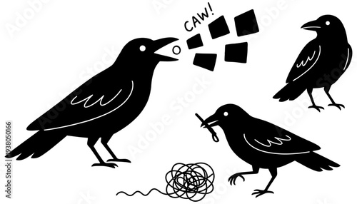 Three illustrative black crows are depicted in silhouette with one crow vocalizing and another carrying a twig set against a clean white canvas bird caw talking communication