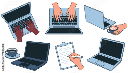 Various hands interacting with laptops and coffee cups with one hand writing on a notepad depicted in a minimalist flat illustration style work technology digital computer