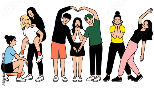 A diverse group of young people interact playfully with some forming a heart shape and others in various dynamic poses illustrating friendship and connection interaction gesture