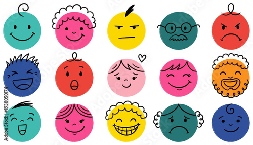 A diverse collection of fifteen colorful cartoon faces displaying various emotions including happiness sadness anger and surprise expression happy angry drawing illustration