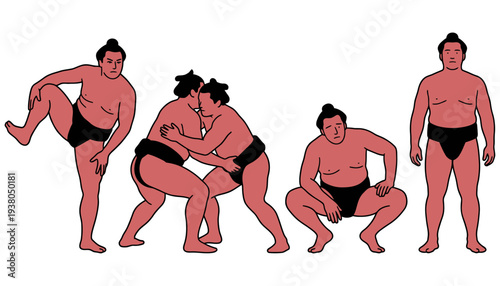 Four sumo wrestlers depicted in different poses including a stance grappling crouching and standing upright against a plain backdrop sumo wrestling sport martial art Japan