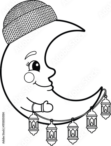 Cartoon Moon with Beanie and Lanterns Ramadan or Islamic Holiday Theme