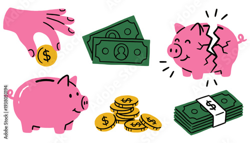 A hand places a gold coin with a dollar sign into a pink piggy bank next to stacks of currency and broken piggy bank money finance saving wealth cash investment banknote financial
