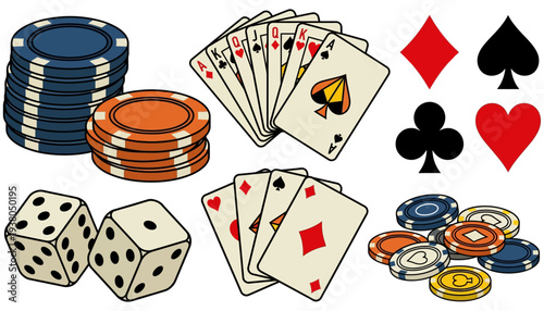 Casino game elements including stacks of poker chips playing cards dice and suit symbols are arranged compositionally gambling addiction chance luck leisure entertainment