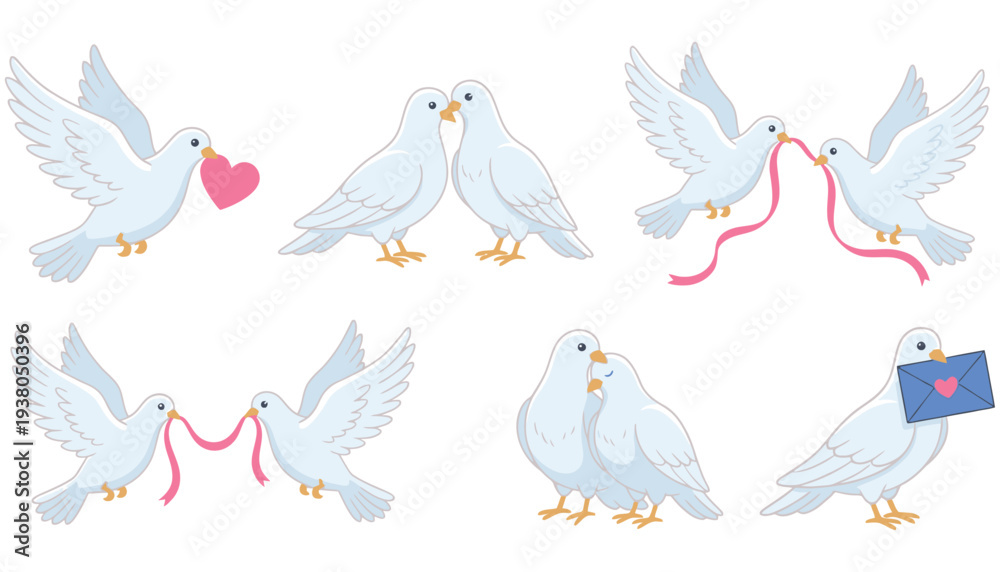 Obraz premium A collection of charming white doves depicted in various symbolic gestures conveying love and peace such as carrying hearts ribbons and envelopes pigeons birds romance message