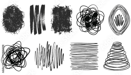 Collection of diverse black abstract ink brush strokes textures and scribbled shapes arranged in two rows creating a graphic art element scribbles design white irregular grunge